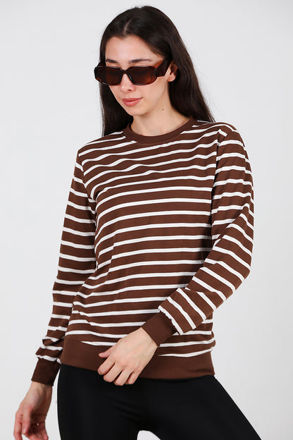 Kadın Çizgili Bisiklet Yaka Sweat Taba