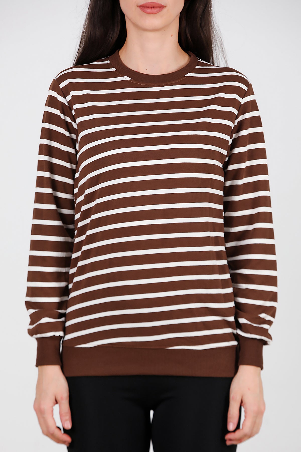 Kadın Çizgili Bisiklet Yaka Sweat Taba