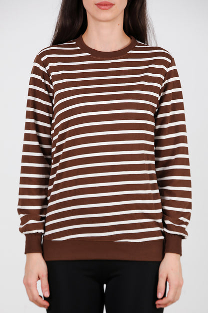 Kadın Çizgili Bisiklet Yaka Sweat Taba