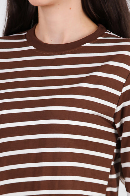 Kadın Çizgili Bisiklet Yaka Sweat Taba