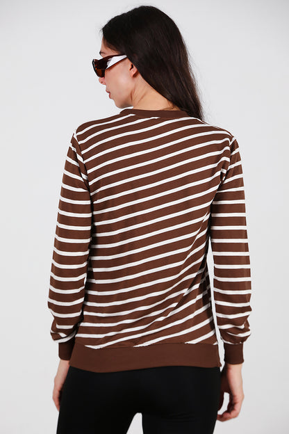 Kadın Çizgili Bisiklet Yaka Sweat Taba