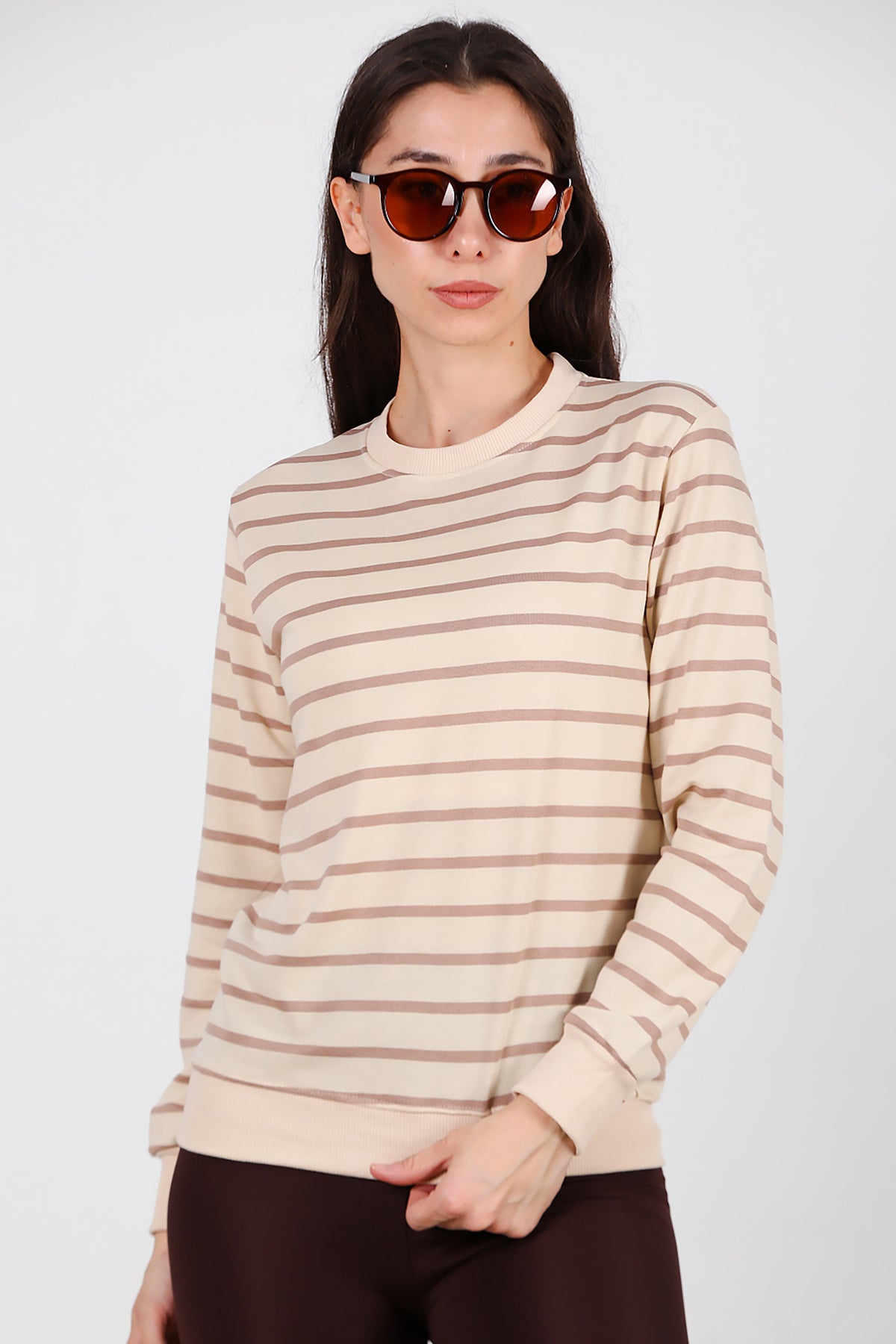 Kadın Çizgili Bisiklet Yaka Sweat Vizon