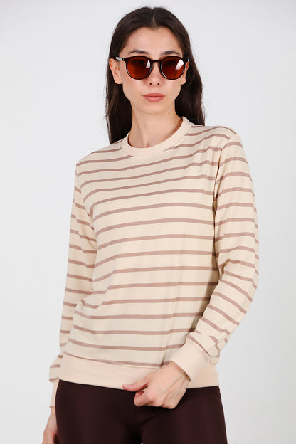 Kadın Çizgili Bisiklet Yaka Sweat Vizon