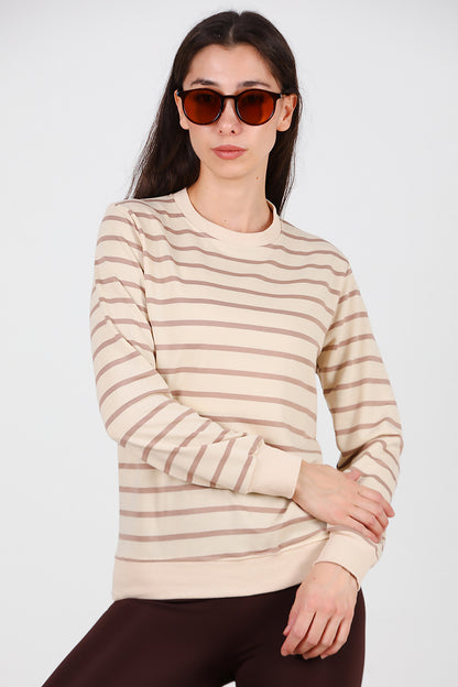 Kadın Çizgili Bisiklet Yaka Sweat Vizon