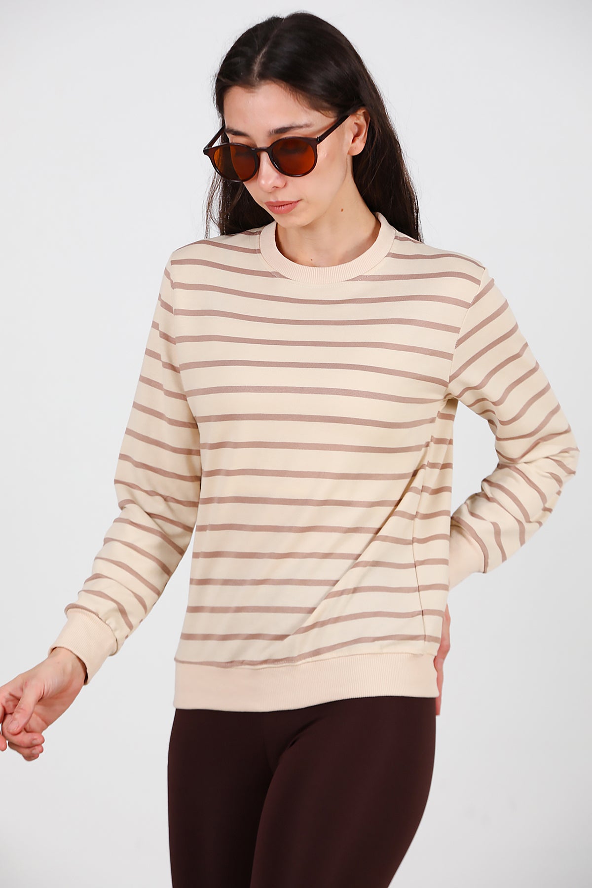 Kadın Çizgili Bisiklet Yaka Sweat Vizon