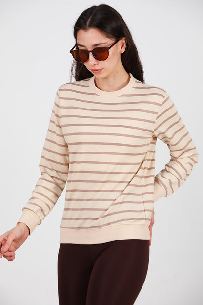 Kadın Çizgili Bisiklet Yaka Sweat Vizon