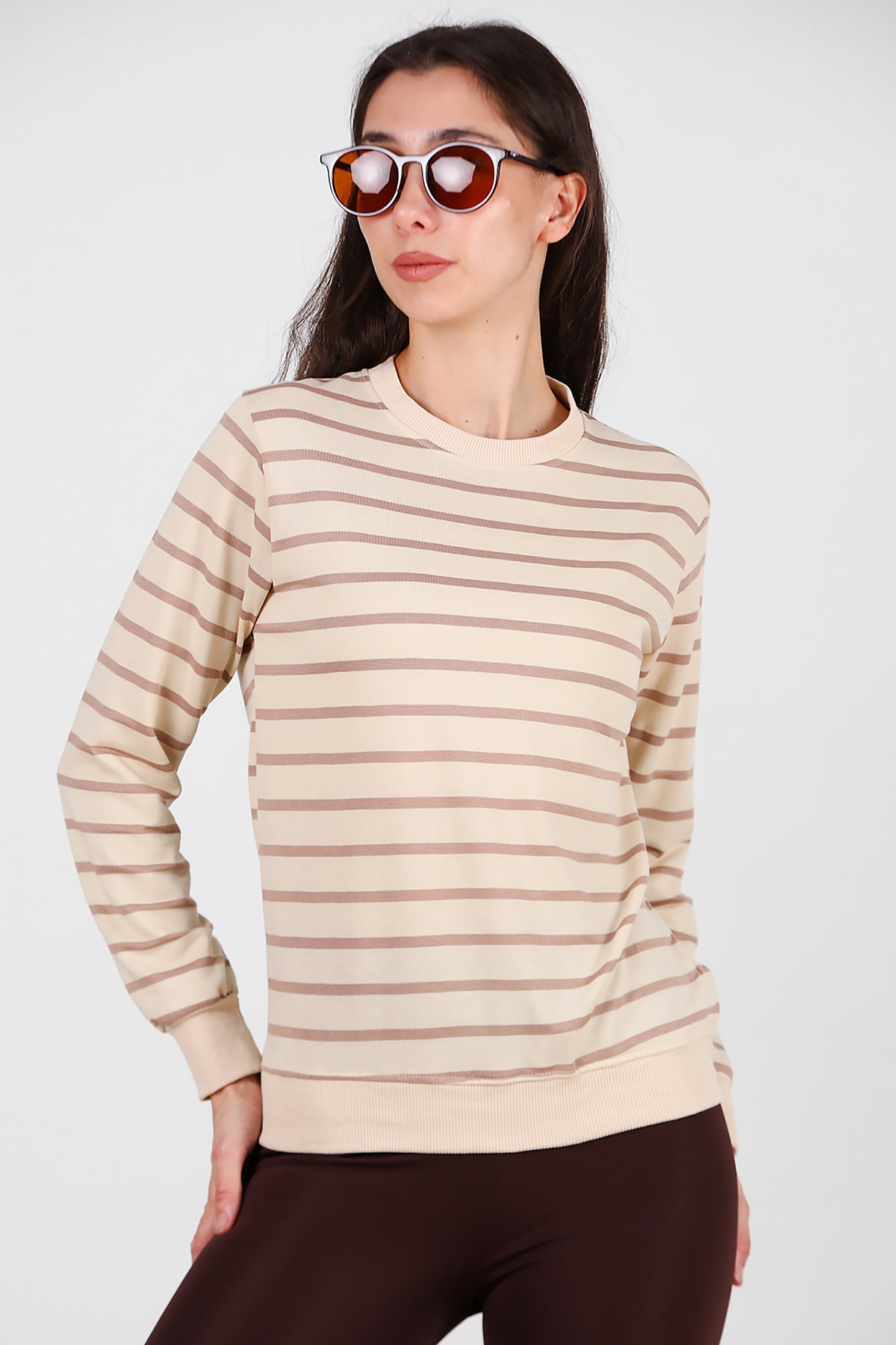 Kadın Çizgili Bisiklet Yaka Sweat Vizon