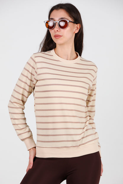 Kadın Çizgili Bisiklet Yaka Sweat Vizon