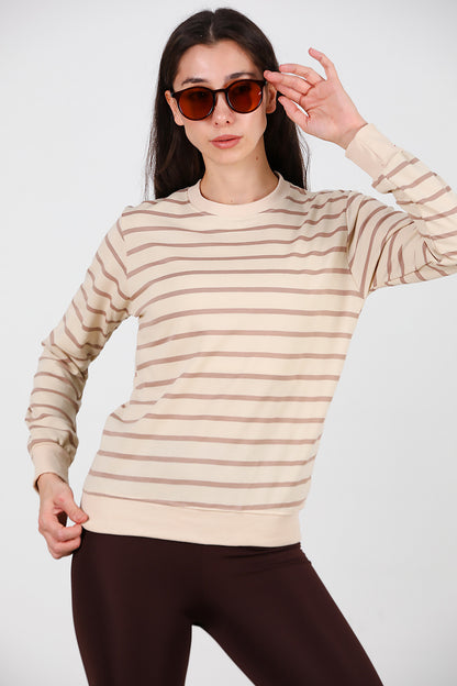 Kadın Çizgili Bisiklet Yaka Sweat Vizon