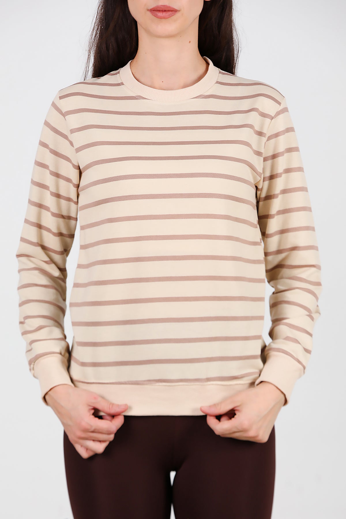 Kadın Çizgili Bisiklet Yaka Sweat Vizon