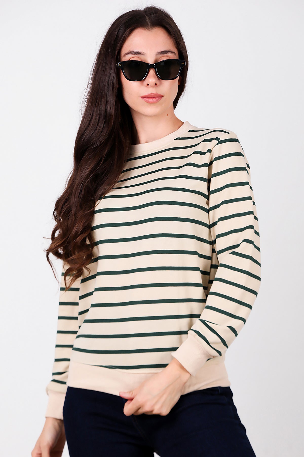 Kadın Çizgili Bisiklet Yaka Sweat Yeşil