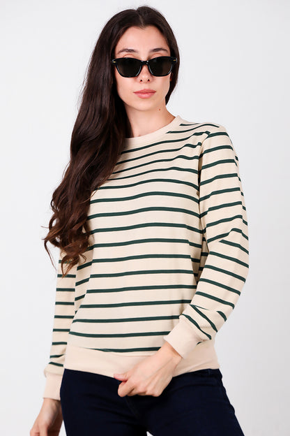 Kadın Çizgili Bisiklet Yaka Sweat Yeşil