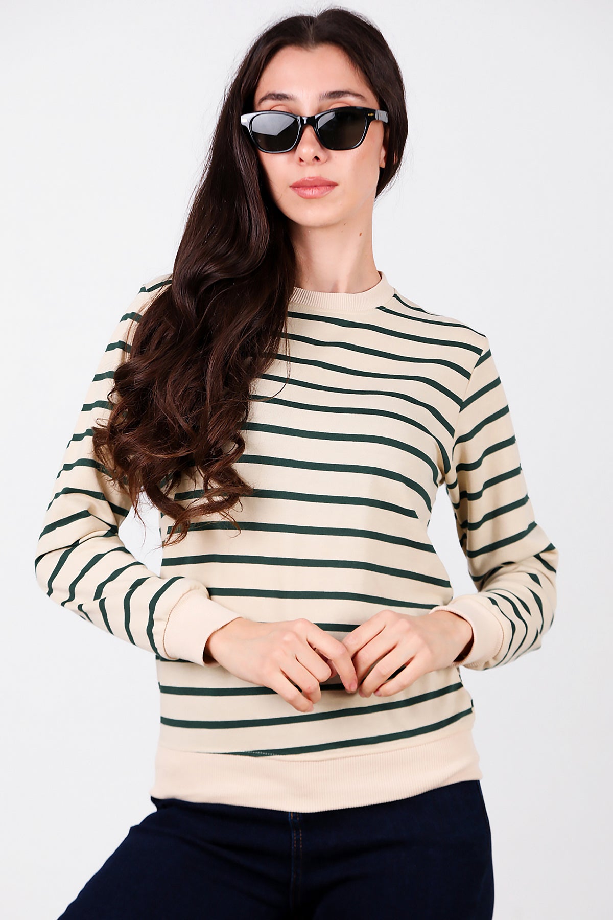 Kadın Çizgili Bisiklet Yaka Sweat Yeşil