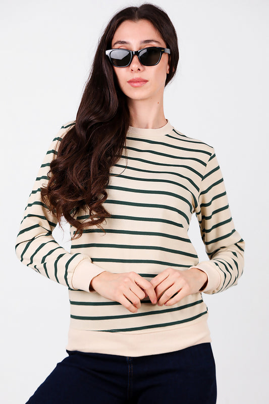 Kadın Çizgili Bisiklet Yaka Sweat Yeşil