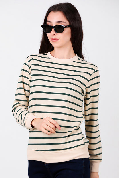 Kadın Çizgili Bisiklet Yaka Sweat Yeşil