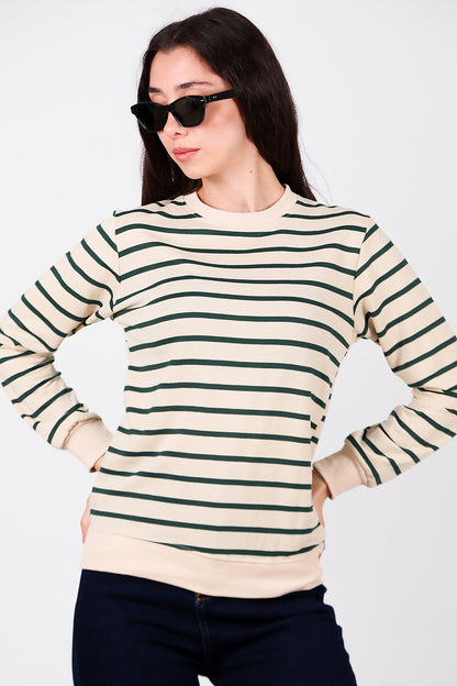 Kadın Çizgili Bisiklet Yaka Sweat Yeşil