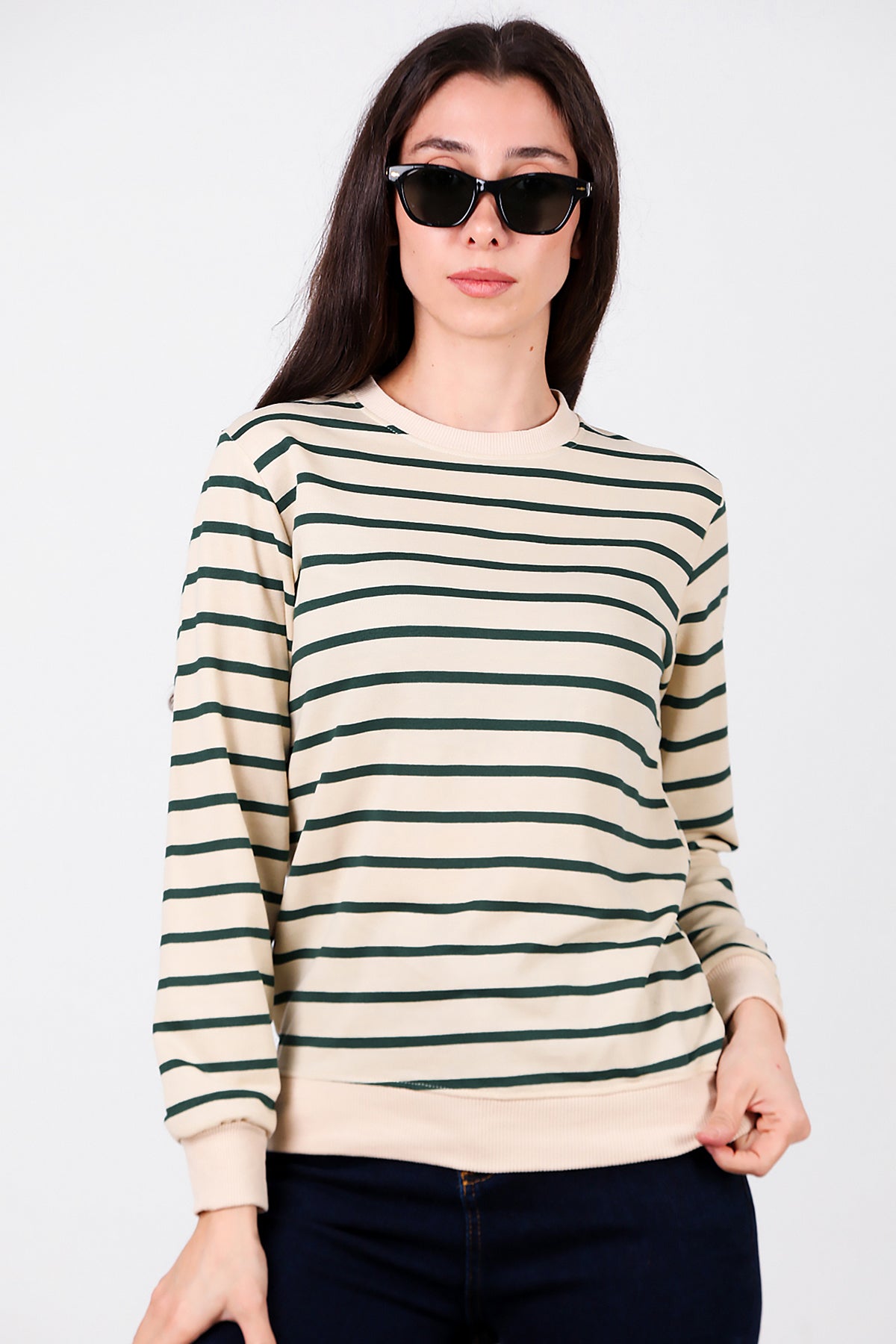 Kadın Çizgili Bisiklet Yaka Sweat Yeşil