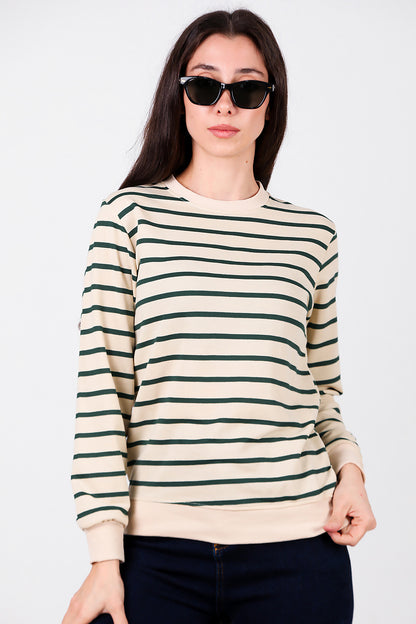 Kadın Çizgili Bisiklet Yaka Sweat Yeşil