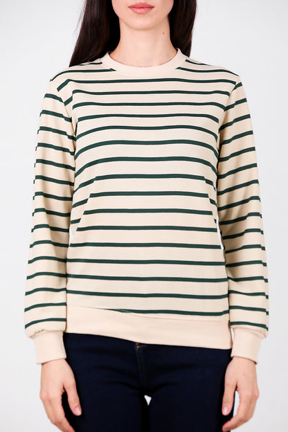 Kadın Çizgili Bisiklet Yaka Sweat Yeşil