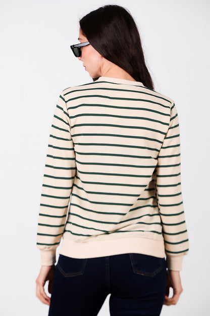 Kadın Çizgili Bisiklet Yaka Sweat Yeşil