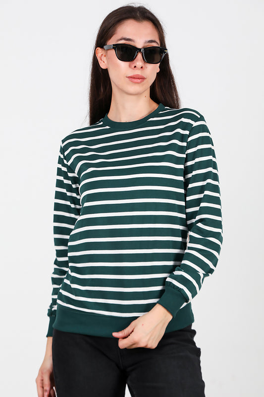 Kadın Çizgili Bisiklet Yaka Sweat Zümrüt
