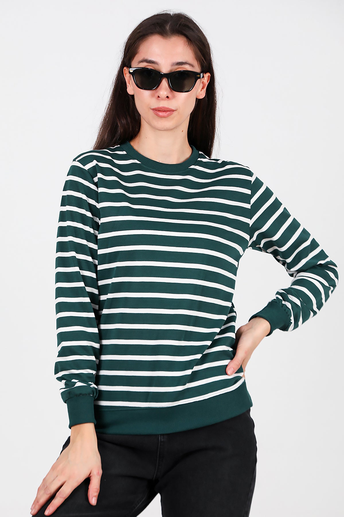 Kadın Çizgili Bisiklet Yaka Sweat Zümrüt