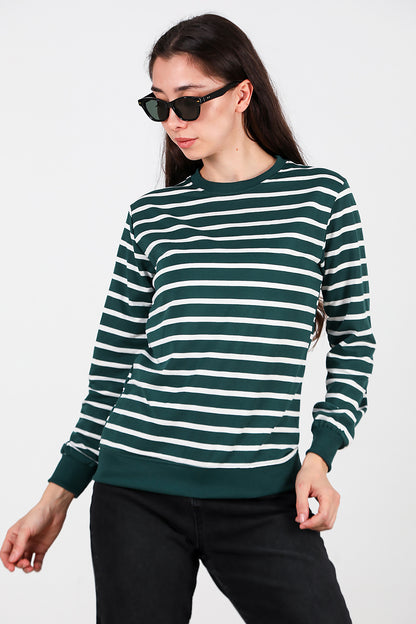 Kadın Çizgili Bisiklet Yaka Sweat Zümrüt