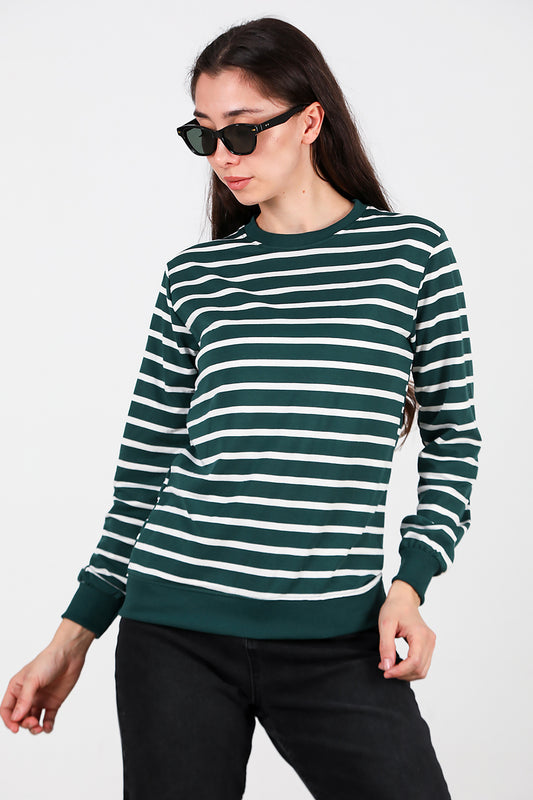 Kadın Çizgili Bisiklet Yaka Sweat Zümrüt