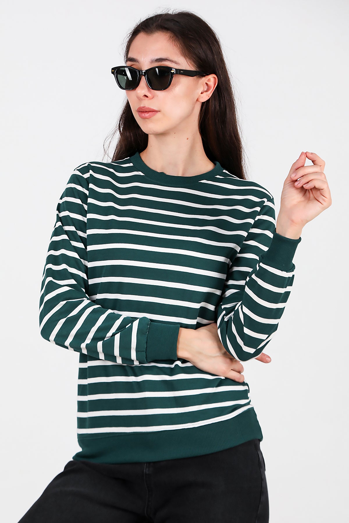 Kadın Çizgili Bisiklet Yaka Sweat Zümrüt