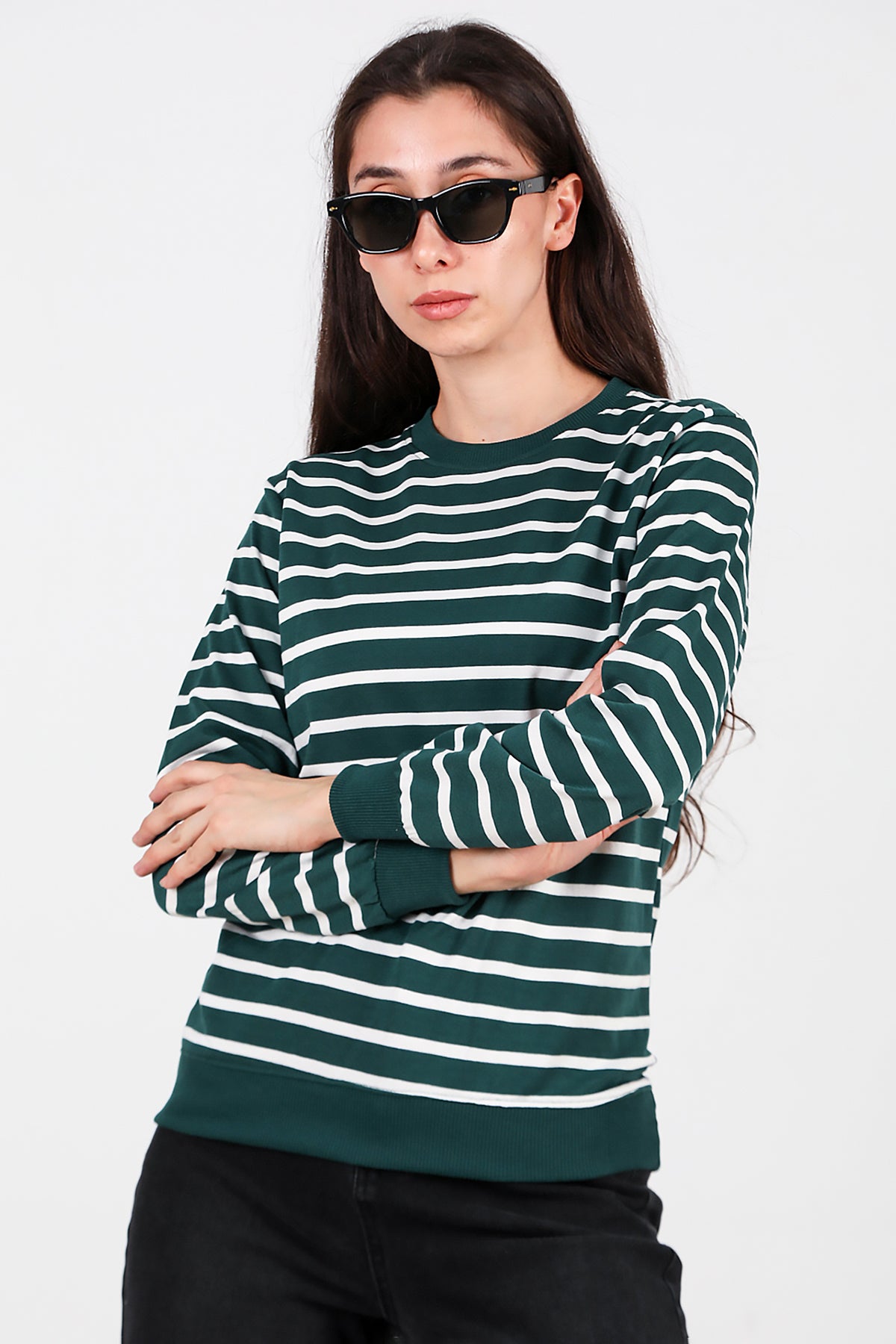Kadın Çizgili Bisiklet Yaka Sweat Zümrüt
