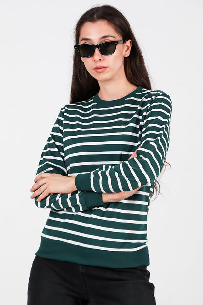Kadın Çizgili Bisiklet Yaka Sweat Zümrüt