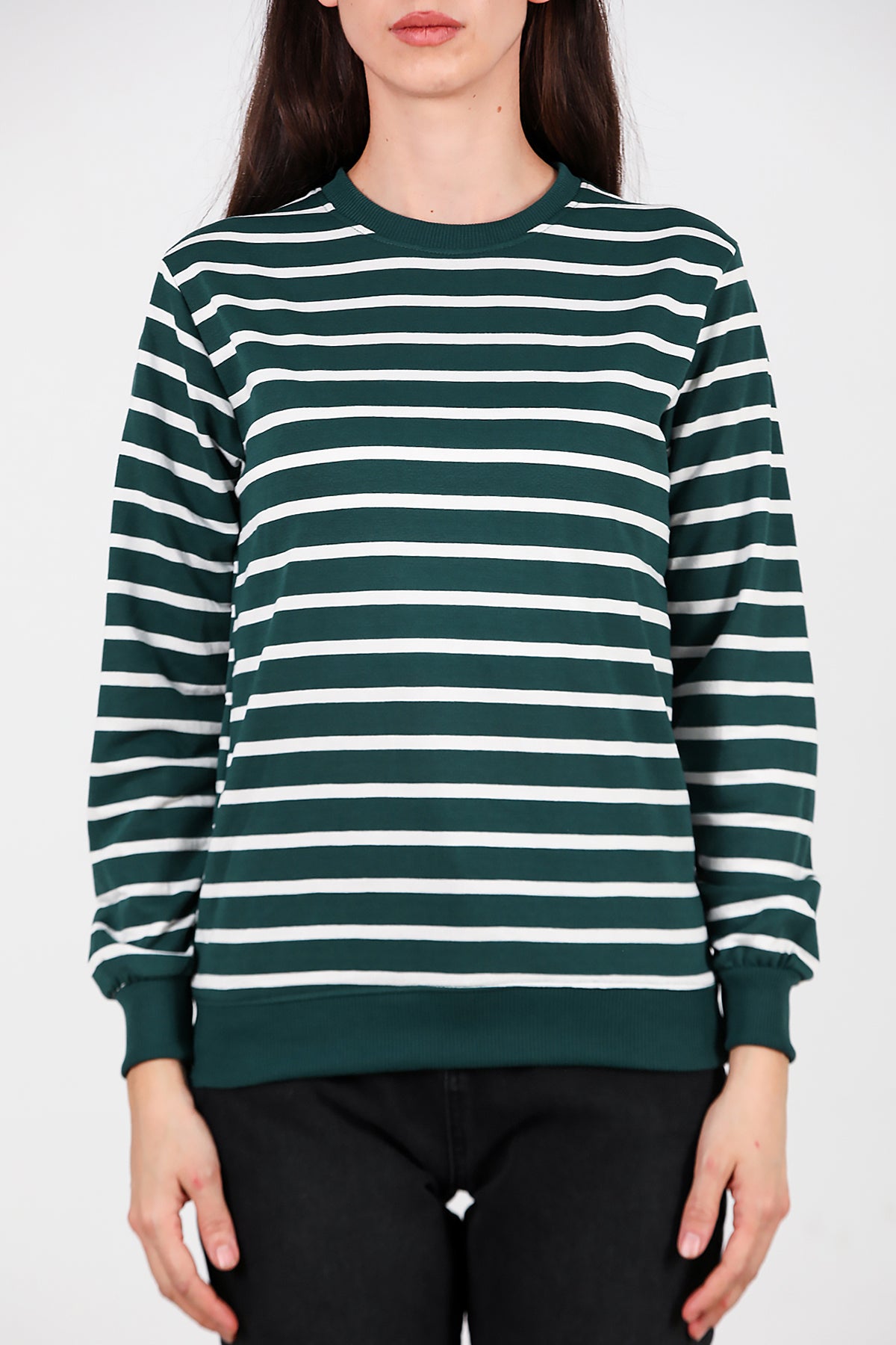 Kadın Çizgili Bisiklet Yaka Sweat Zümrüt