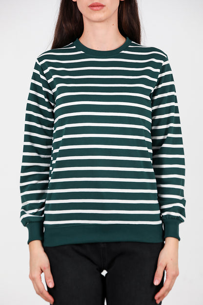 Kadın Çizgili Bisiklet Yaka Sweat Zümrüt