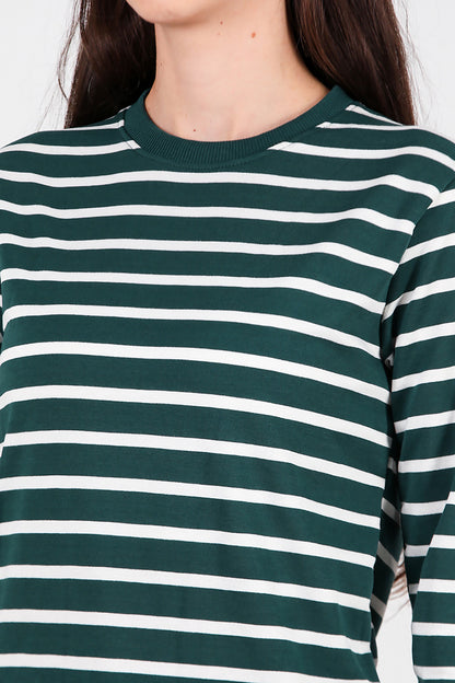 Kadın Çizgili Bisiklet Yaka Sweat Zümrüt