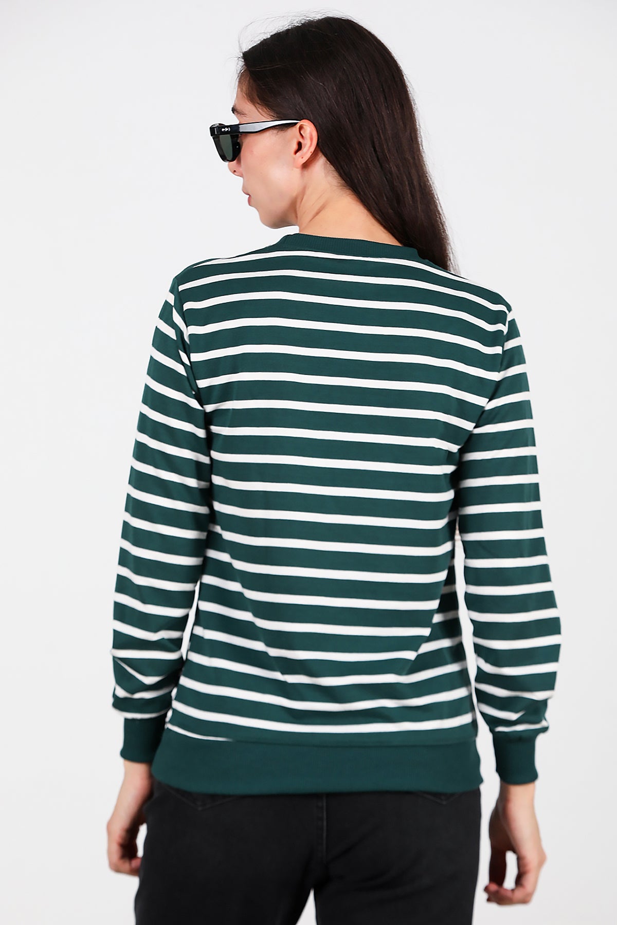 Kadın Çizgili Bisiklet Yaka Sweat Zümrüt