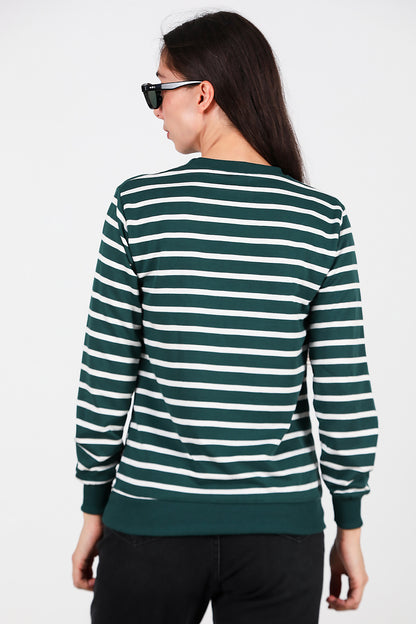 Kadın Çizgili Bisiklet Yaka Sweat Zümrüt