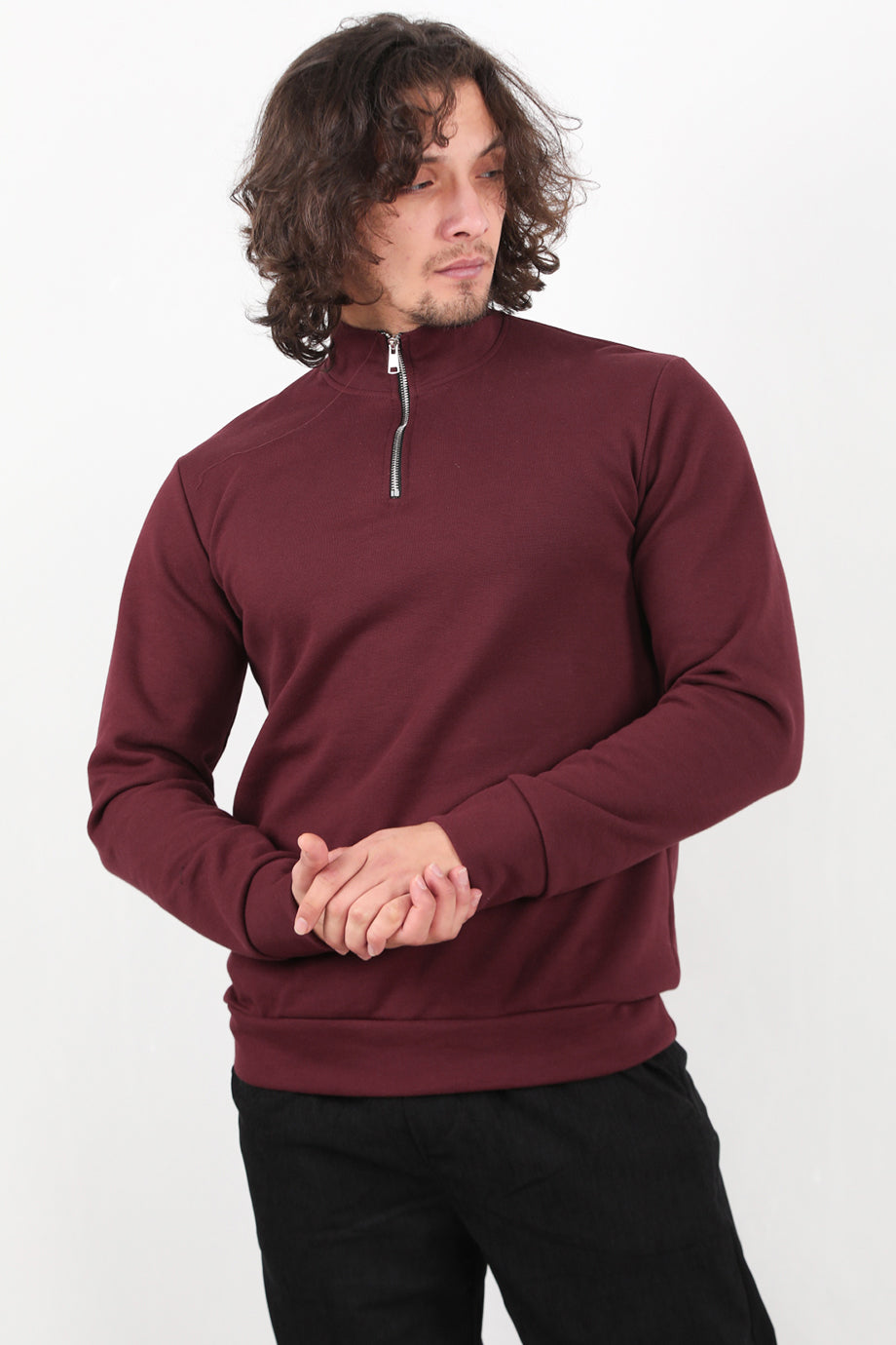 Standor Erkek Yarım Fermuar Dik Yaka Pike Sweat Bordo