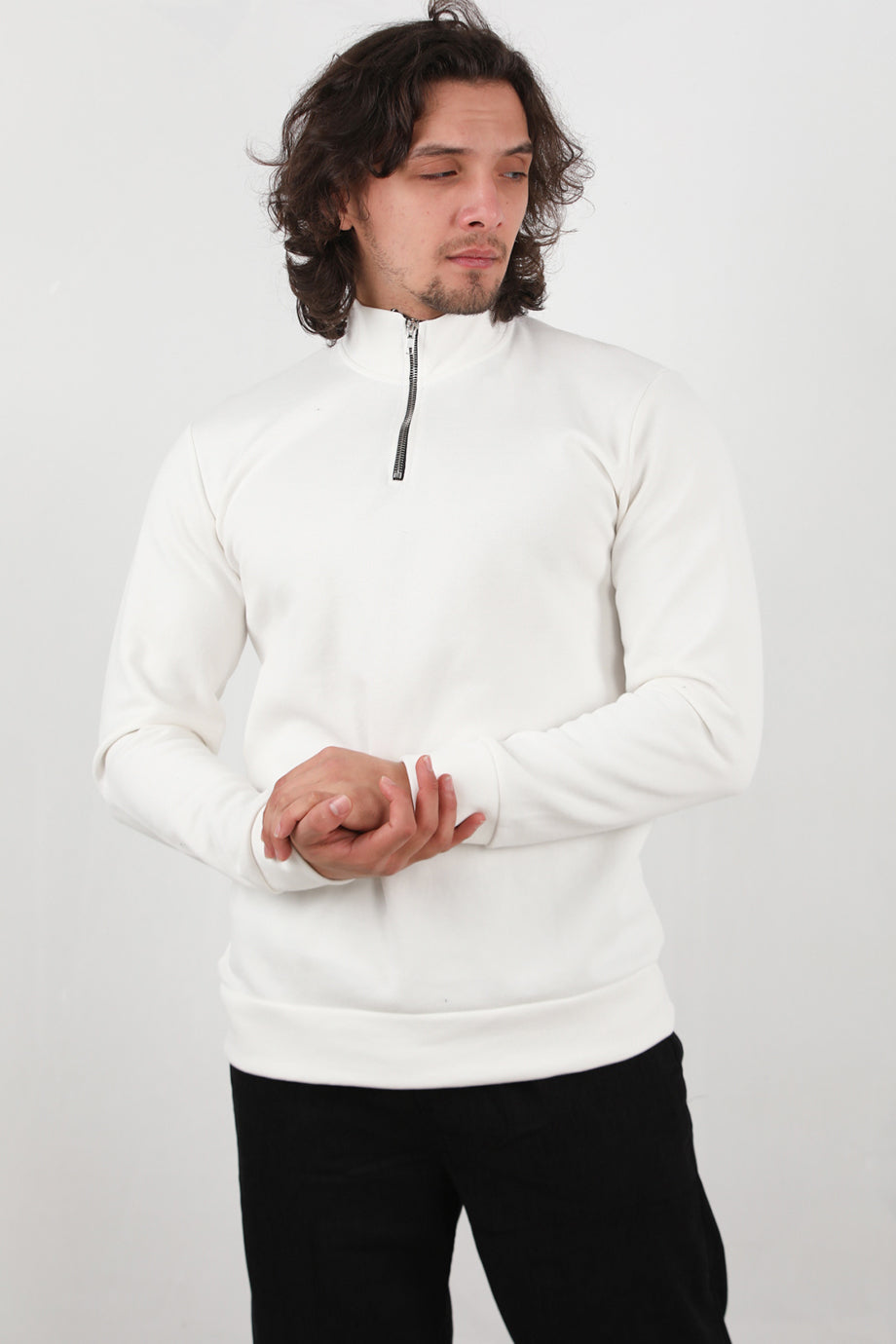 Standor Erkek Yarım Fermuar Dik Yaka Pike Sweat Ekru