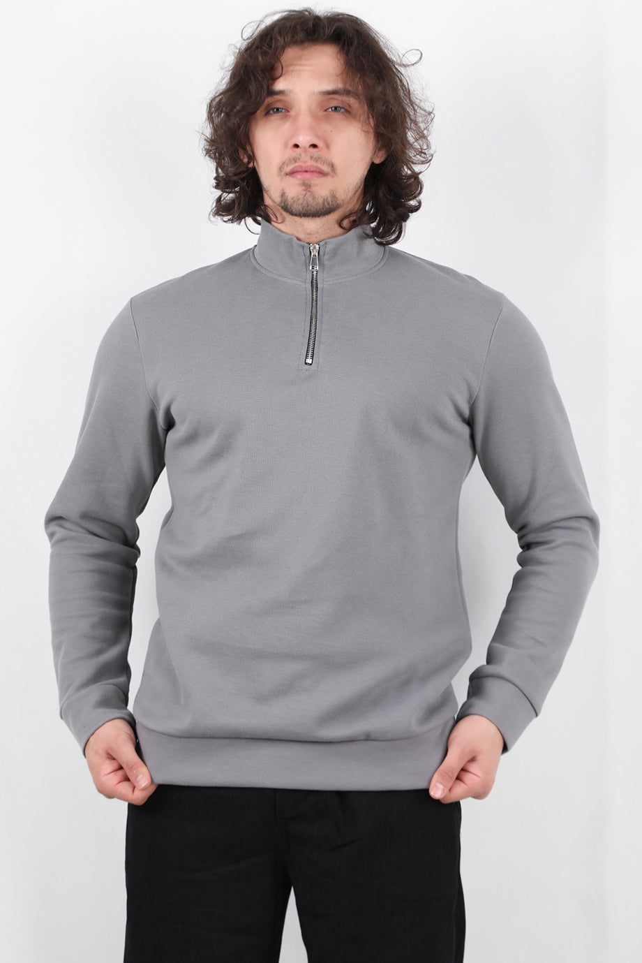 Standor Erkek Yarım Fermuar Dik Yaka Pike Sweat Gri