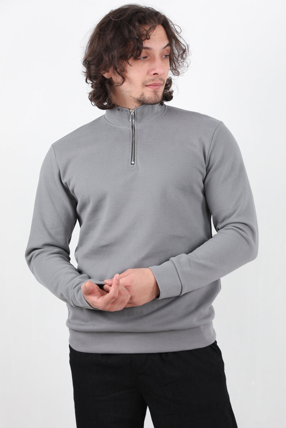 Standor Erkek Yarım Fermuar Dik Yaka Pike Sweat Gri