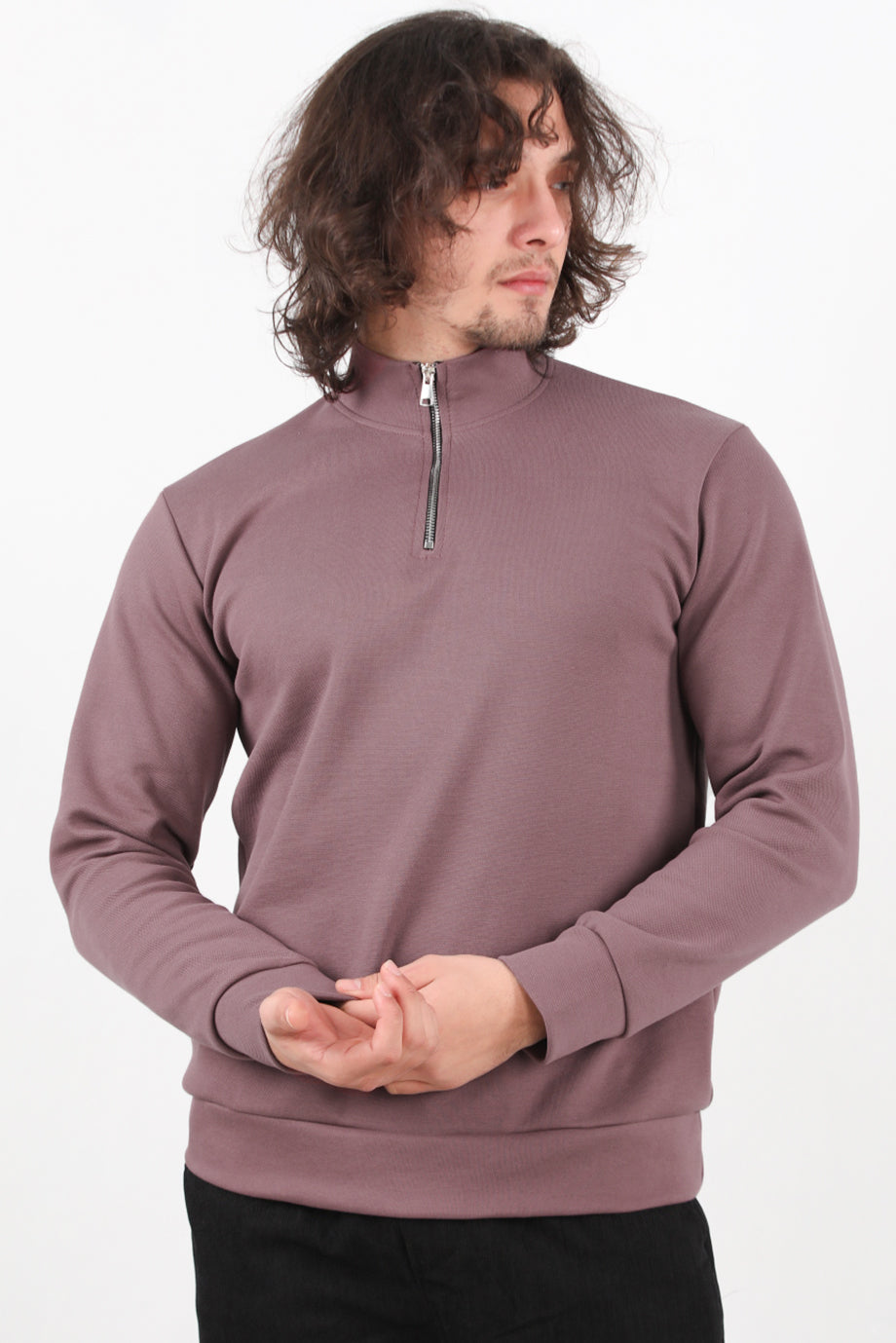 Standor Erkek Yarım Fermuar Dik Yaka Pike Sweat Gül Kurusu