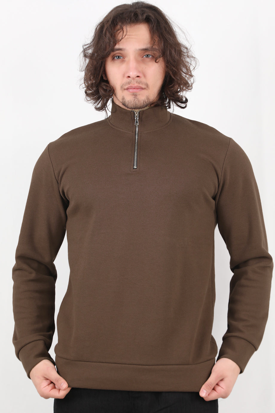 Standor Erkek Yarım Fermuar Dik Yaka Pike Sweat Kahverengi