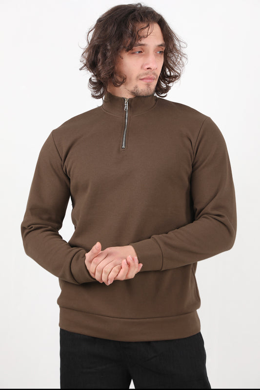 Standor Erkek Yarım Fermuar Dik Yaka Pike Sweat Kahverengi