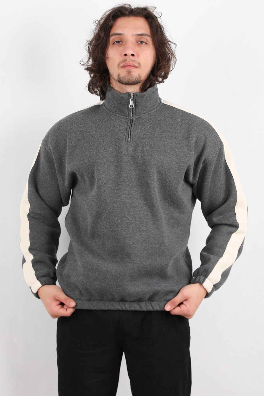 Stride Erkek Yarım Fermuarlı Şeritli Sweat Antrasit