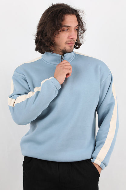 Stride Erkek Yarım Fermuarlı Şeritli Sweat Mavi