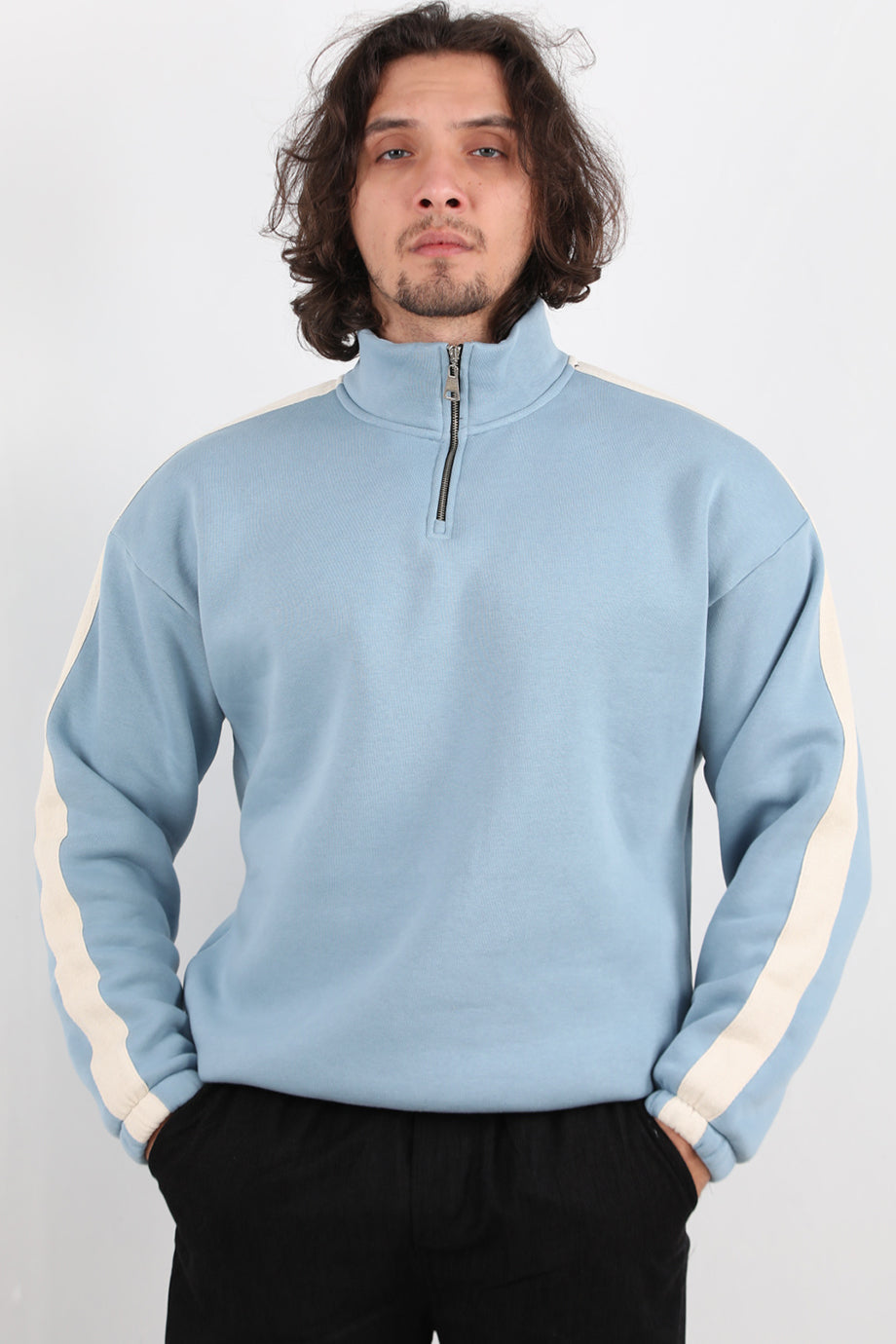 Stride Erkek Yarım Fermuarlı Şeritli Sweat Mavi