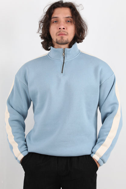 Stride Erkek Yarım Fermuarlı Şeritli Sweat Mavi