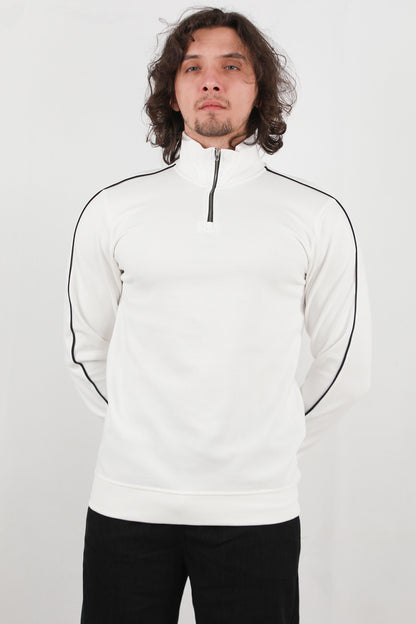 Strivex Erkek Yarım Fermuarlı Kol Şeritli Sweat Beyaz
