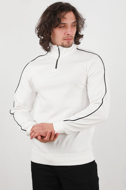 Strivex Erkek Yarım Fermuarlı Kol Şeritli Sweat Beyaz