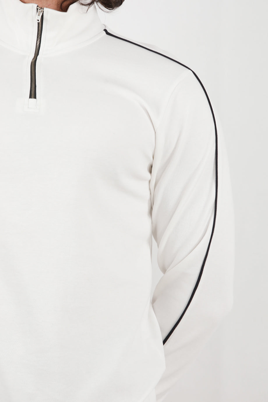 Strivex Erkek Yarım Fermuarlı Kol Şeritli Sweat Beyaz